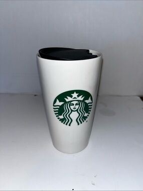 Starbucks White Ceramic Tumbler with Green Siren and Black Lid